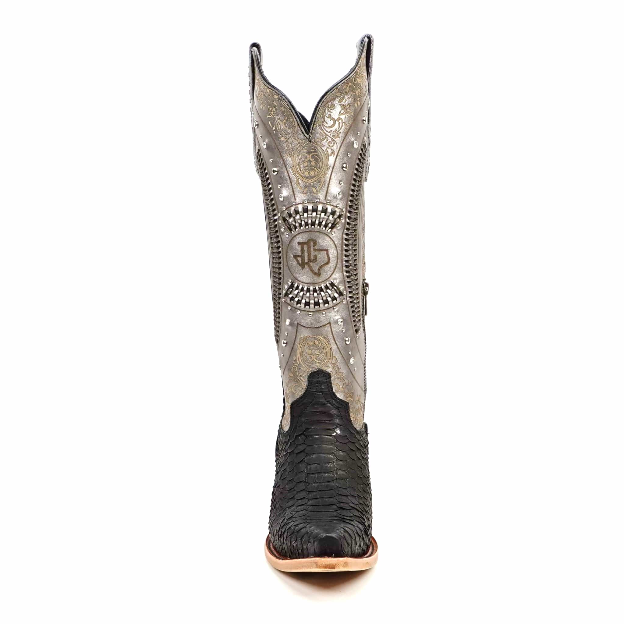 Texas Country Bota Exotica Dama Priscila - Python Black Silver Cowgirl Boots - Tall Shaft - Snip Toe (E31)
