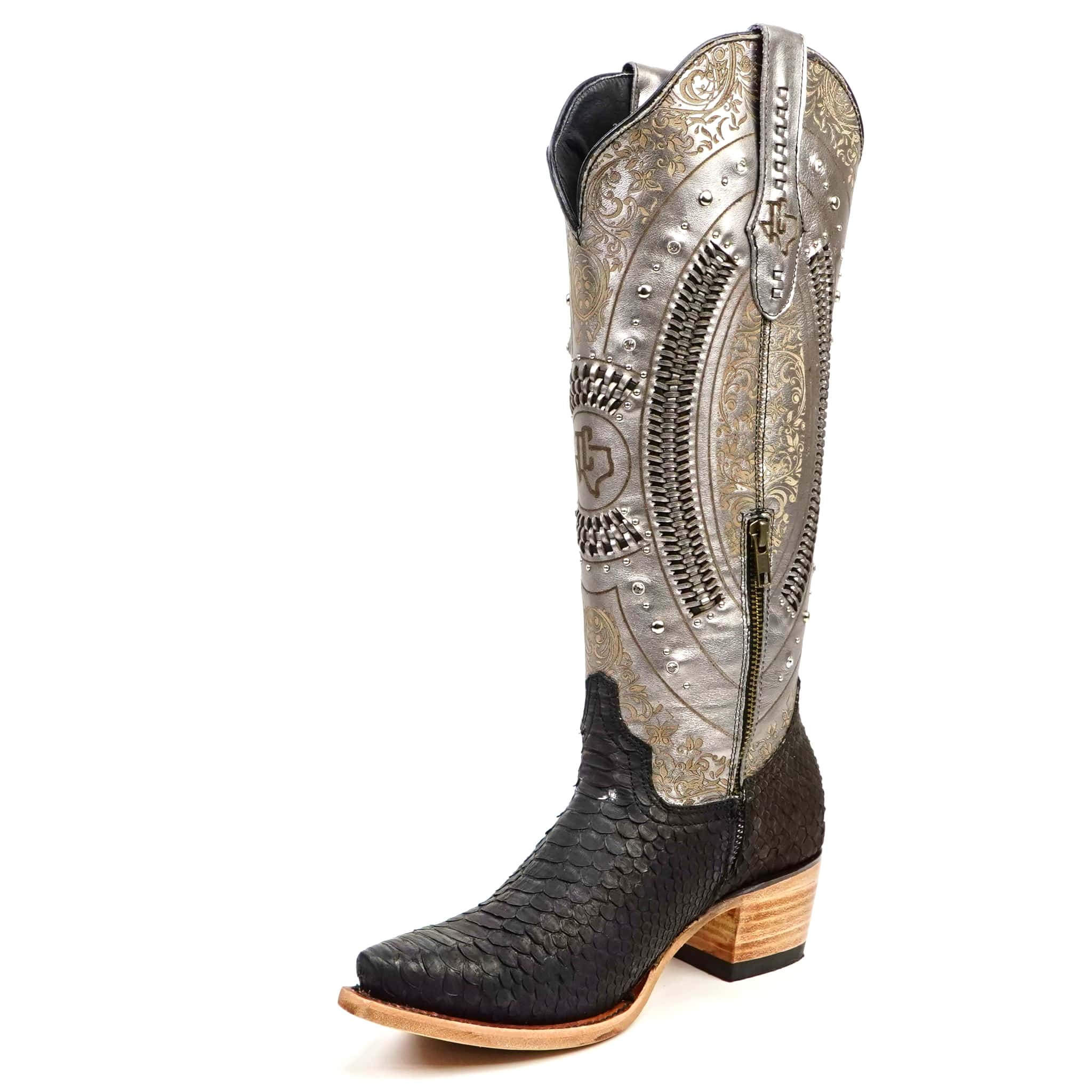 Texas Country Bota Exotica Dama Priscila - Python Black Silver Cowgirl Boots - Tall Shaft - Snip Toe (E31)