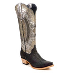 Texas Country Bota Exotica Dama Priscila - Python Black Silver Cowgirl Boots - Tall Shaft - Snip Toe (E31)