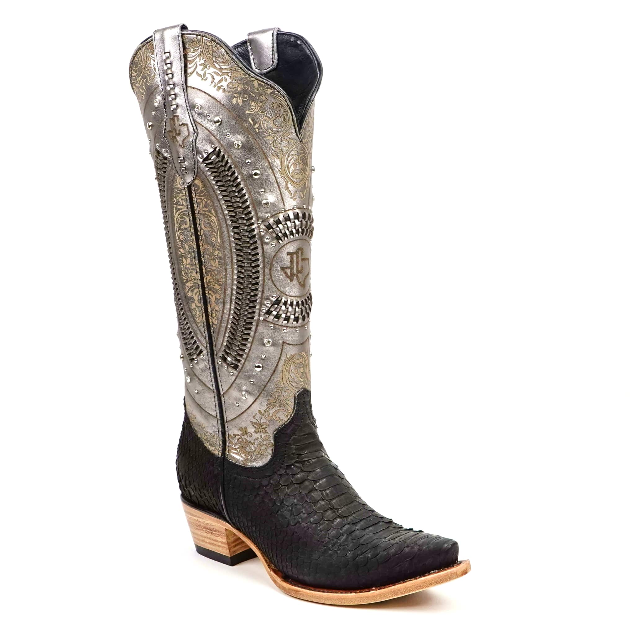 Texas Country Bota Exotica Dama Priscila - Python Black Silver Cowgirl Boots - Tall Shaft - Snip Toe (E31)
