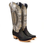 Texas Country Bota Exotica Dama Priscila - Python Black Silver Cowgirl Boots - Tall Shaft - Snip Toe (E31)
