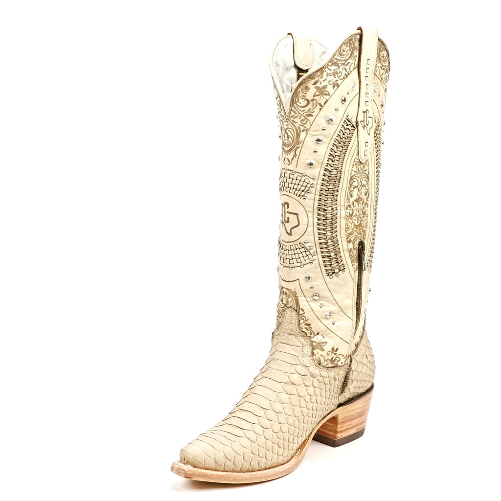 Texas Country Bota Exotica Dama Priscila - Python Cappuccino Cowgirl Boots - Tall Shaft - Snip Toe (E31)