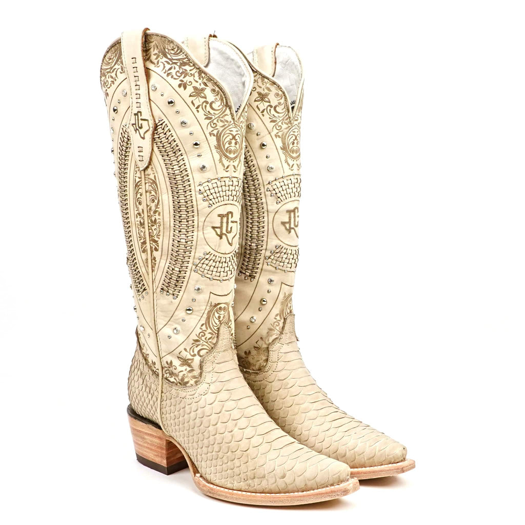 Texas Country Bota Exotica Dama Priscila - Python Cappuccino Cowgirl Boots - Tall Shaft - Snip Toe (E31)