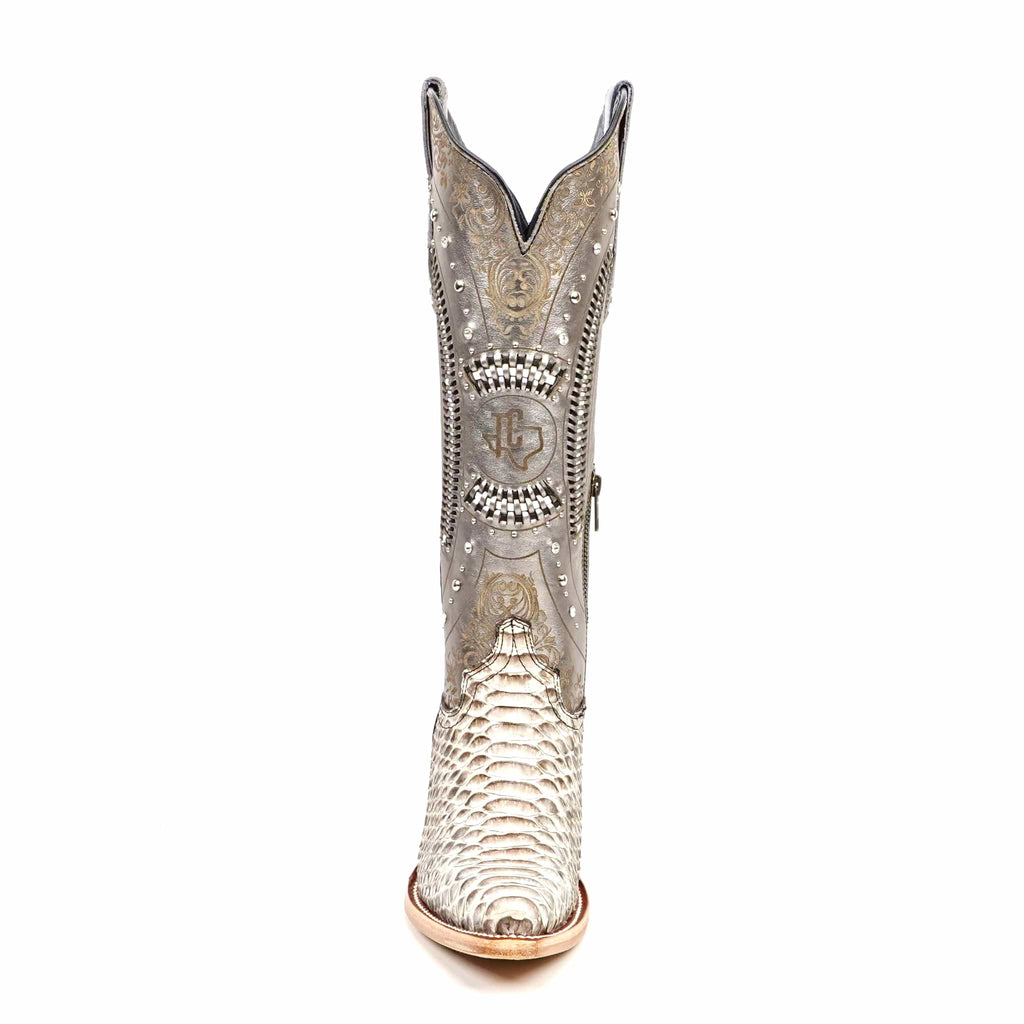 Texas Country Bota Exotica Dama Priscila - Python Natural Cowgirl Boots - Tall Shaft - Snip Toe (E31)