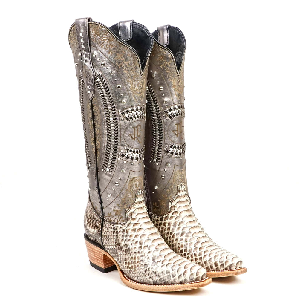 Texas Country Bota Exotica Dama Priscila - Python Natural Cowgirl Boots - Tall Shaft - Snip Toe (E31)