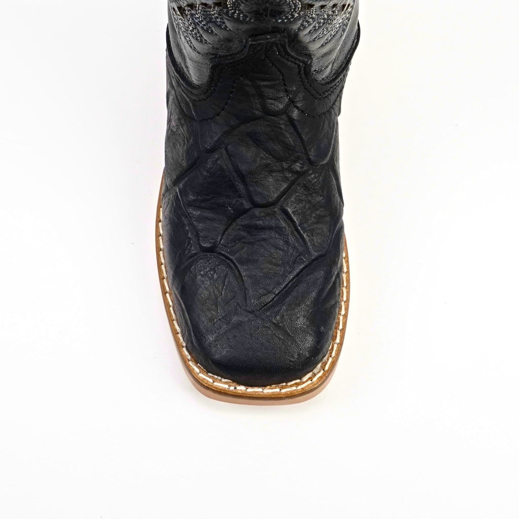 Texas Country Bota Nino Black Pirarucu Fish - Embossed Leather Kids Boots - Square Toe (K92-1)