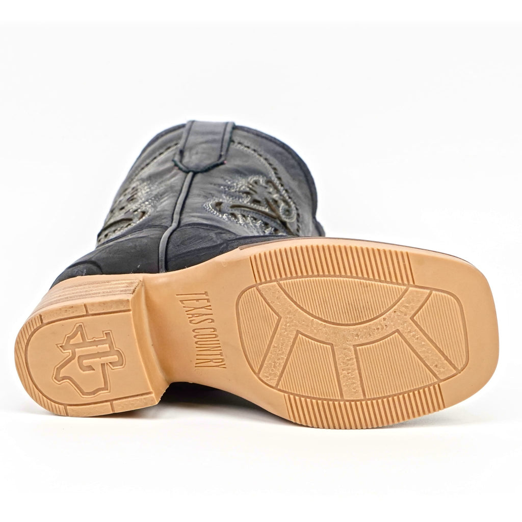 Texas Country Bota Nino Black Pirarucu Fish - Embossed Leather Kids Boots - Square Toe (K92-1)