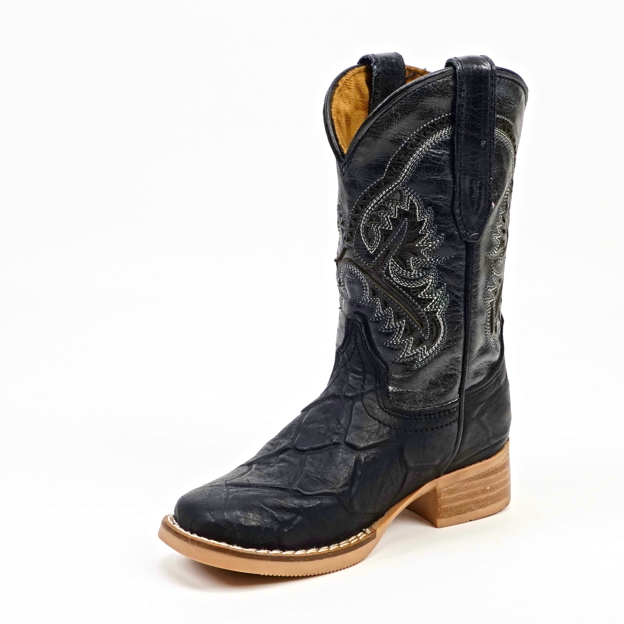 Texas Country Bota Nino Black Pirarucu Fish - Embossed Leather Kids Boots - Square Toe (K92-1)