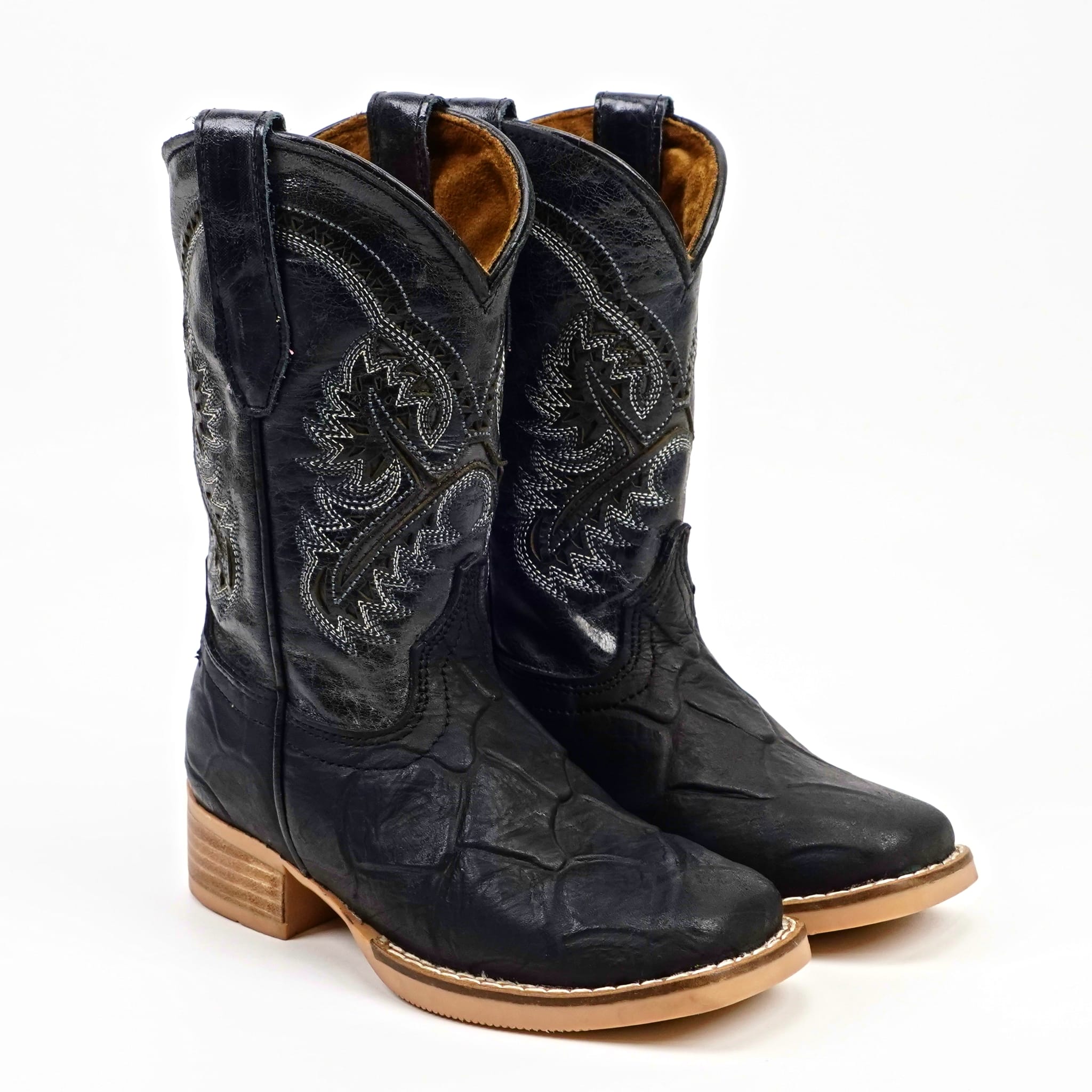 Texas Country Bota Nino Black Pirarucu Fish - Embossed Leather Kids Boots - Square Toe (K92-1)