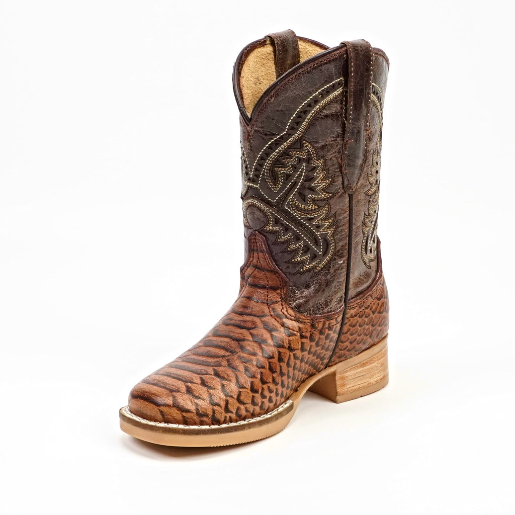 Texas Country Bota Nino Chocolate Python - Embossed Leather Kids Boots - Square Toe (K11-1)