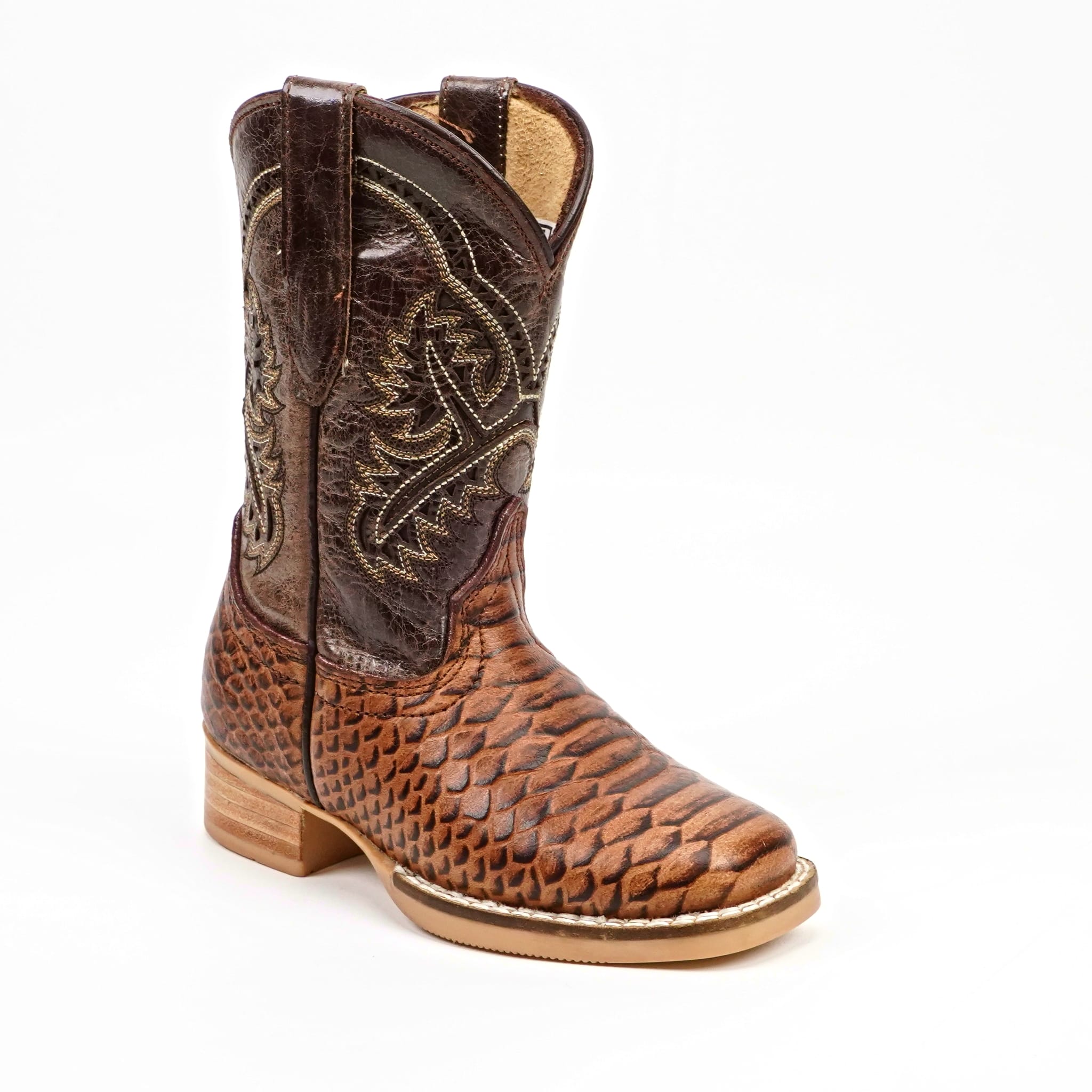 Texas Country Bota Nino Chocolate Python - Embossed Leather Kids Boots - Square Toe (K11-1)