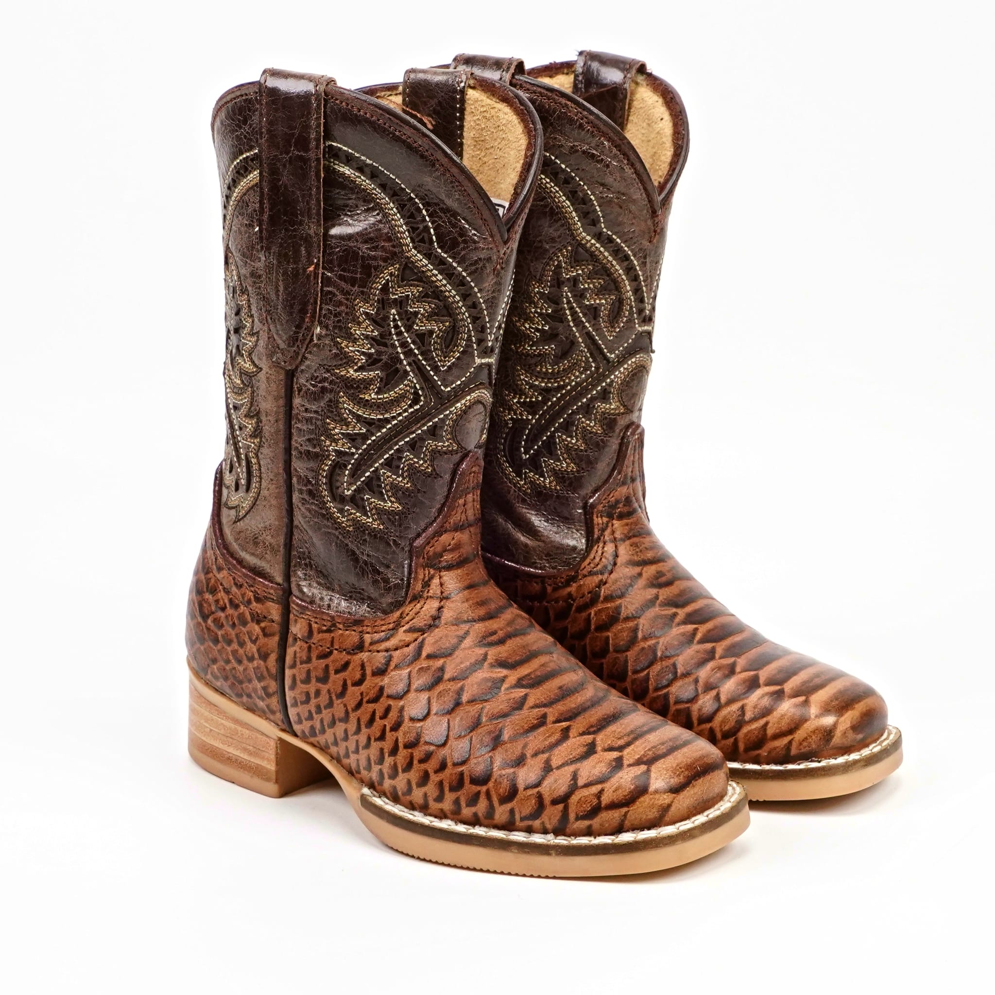 Texas Country Bota Nino Chocolate Python - Embossed Leather Kids Boots - Square Toe (K11-1)