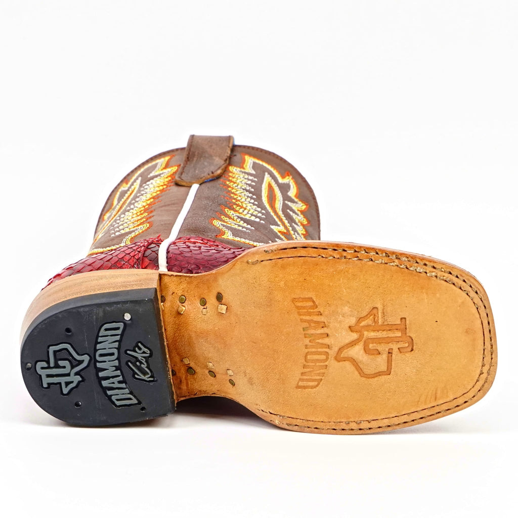 Texas Country Bota Nino Kids Python Boots - Red - Square Toe (Nigeria Tobacco Shaft)
