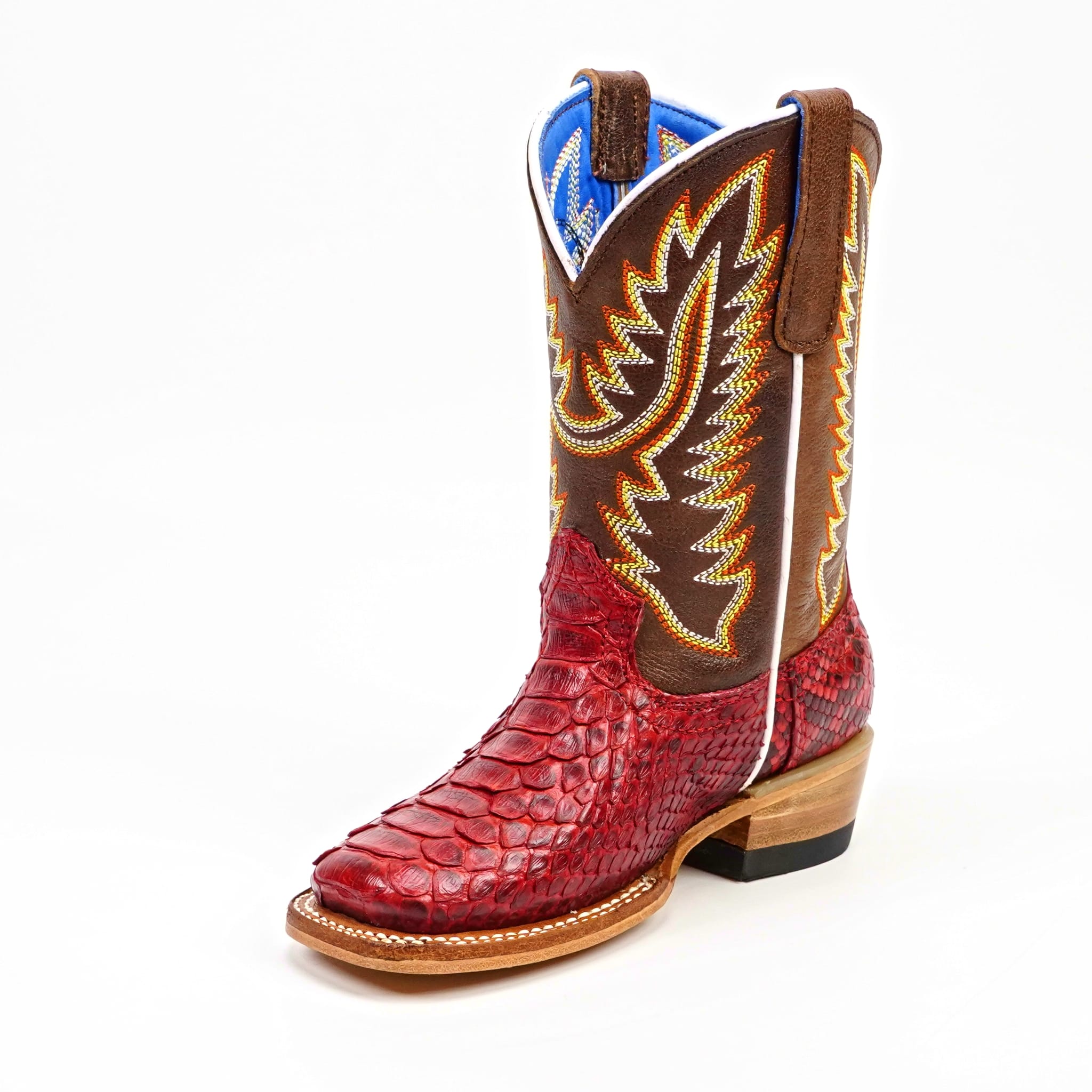 Texas Country Bota Nino Kids Python Boots - Red - Square Toe (Nigeria Tobacco Shaft)