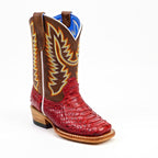 Texas Country Bota Nino Kids Python Boots - Red - Square Toe (Nigeria Tobacco Shaft)