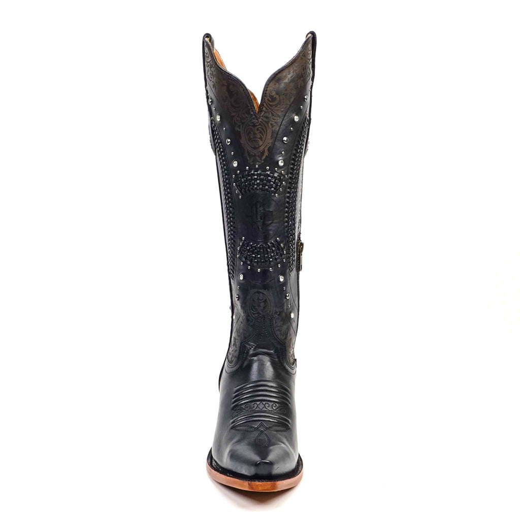 Texas Country Bota Res Dama Priscila - Cleyton Black Cowgirl Boots - Tall Shaft - Snip Toe (E871)
