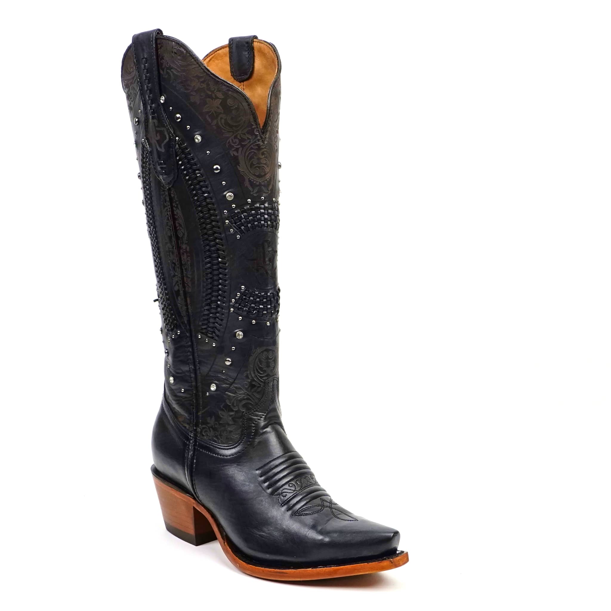 Texas Country Bota Res Dama Priscila - Cleyton Black Cowgirl Boots - Tall Shaft - Snip Toe (E871)