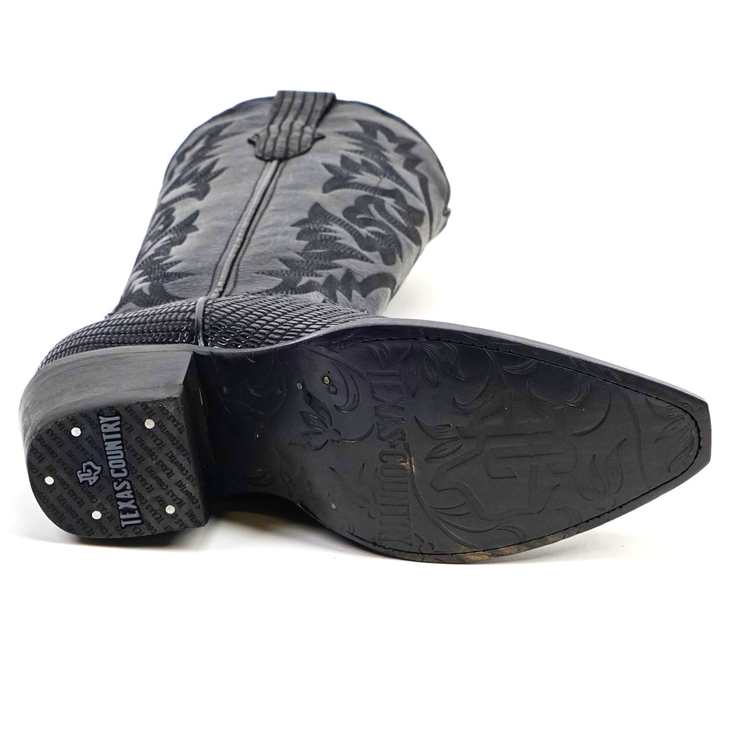 Texas Country Bota Res Dama Trevi - Embossed Lizard Black Cowgirl Boots - Tall Shaft - Snip Toe (E873)