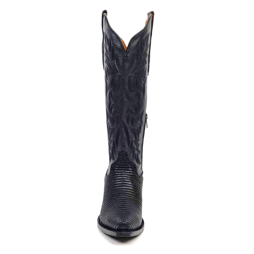 Texas Country Bota Res Dama Trevi - Embossed Lizard Black Cowgirl Boots - Tall Shaft - Snip Toe (E873)