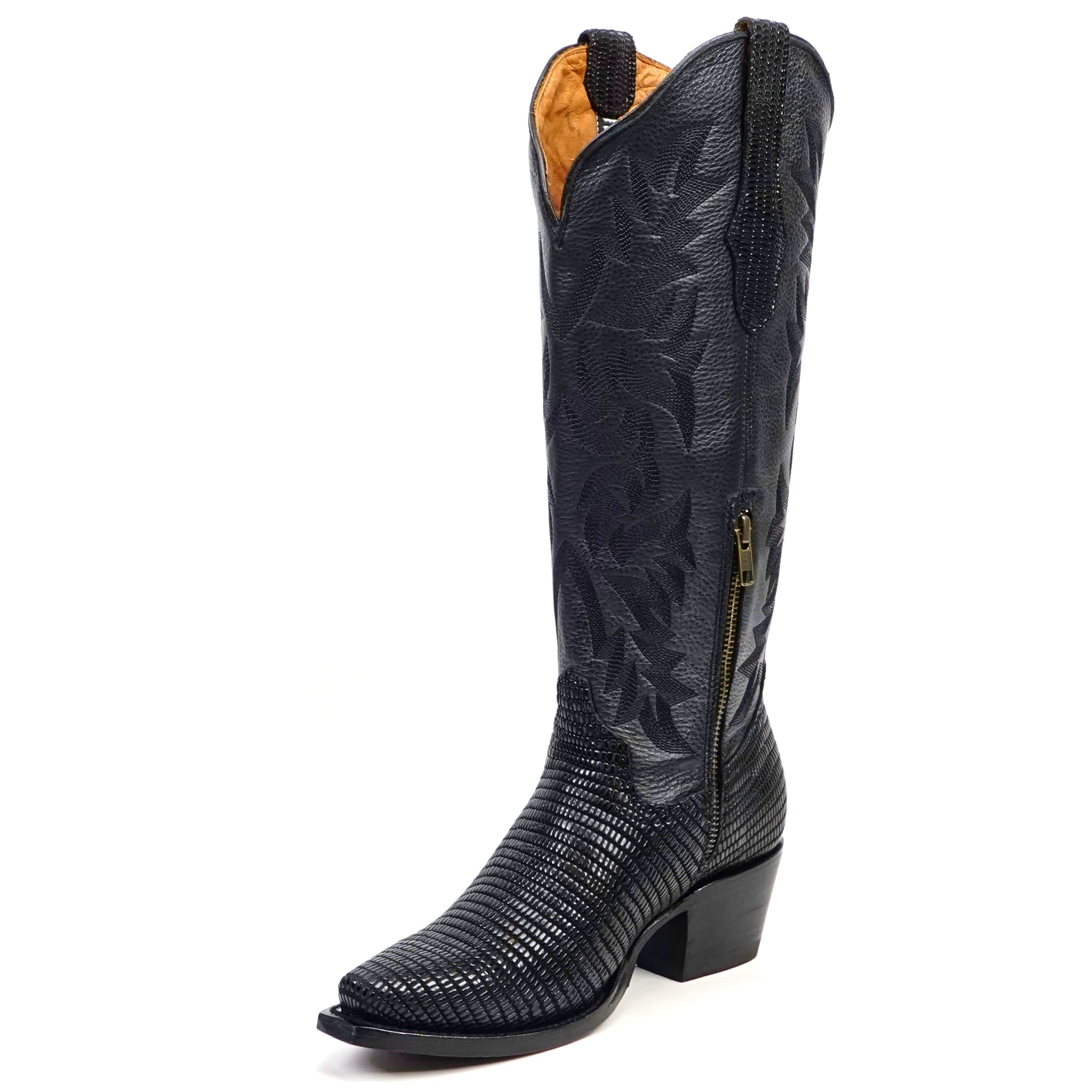 Texas Country Bota Res Dama Trevi - Embossed Lizard Black Cowgirl Boots - Tall Shaft - Snip Toe (E873)
