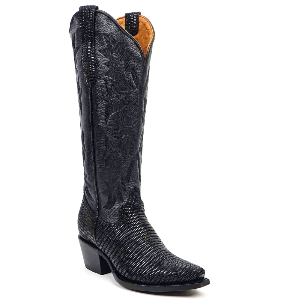 Texas Country Bota Res Dama Trevi - Embossed Lizard Black Cowgirl Boots - Tall Shaft - Snip Toe (E873)