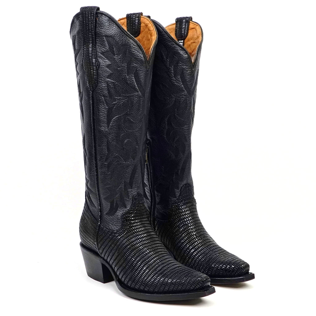 Texas Country Bota Res Dama Trevi - Embossed Lizard Black Cowgirl Boots - Tall Shaft - Snip Toe (E873)