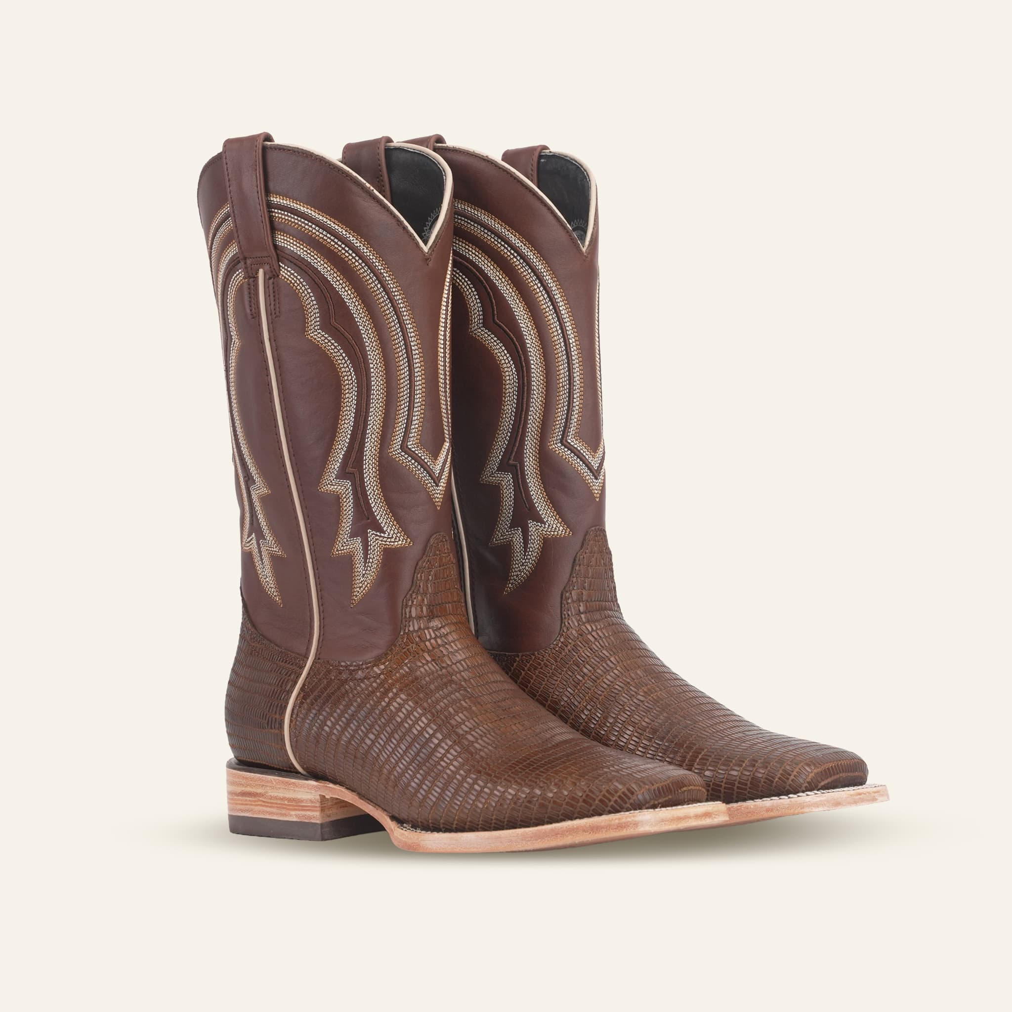 Texas Country Bota Res Hombre Lizard Cowboy Boots - Brown Embossed Leather - Square Toe (E949)