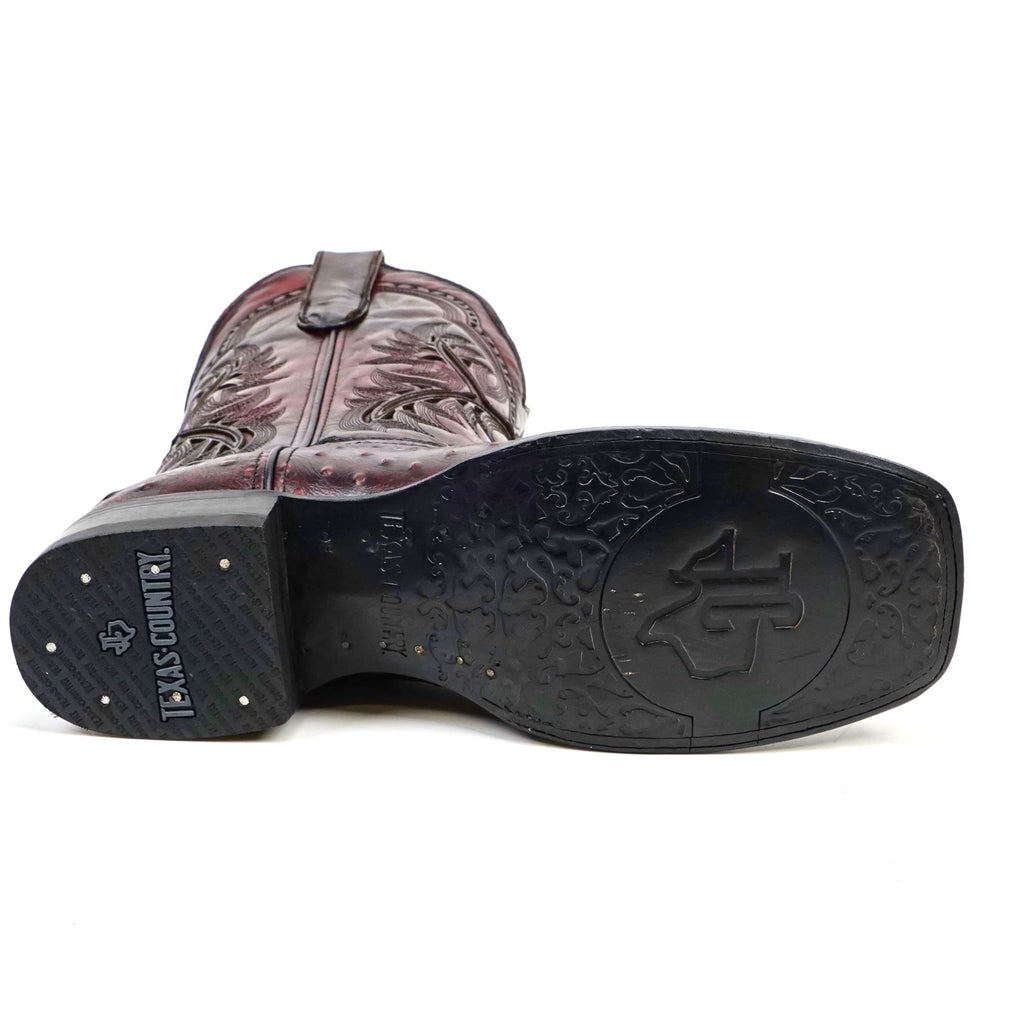 Texas Country Bota Res Hombre Ostrich Black Cherry Boots - Embossed Leather - Square Toe (E424)