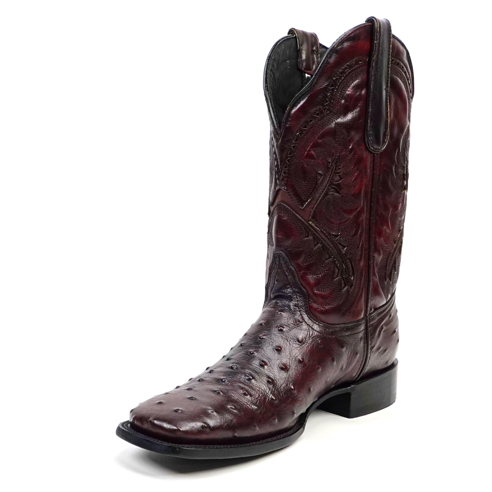 Texas Country Bota Res Hombre Ostrich Black Cherry Boots - Embossed Leather - Square Toe (E424)