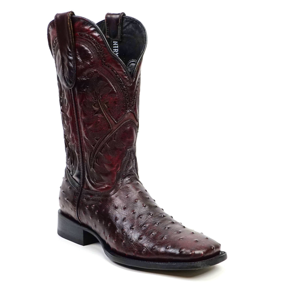 Texas Country Bota Res Hombre Ostrich Black Cherry Boots - Embossed Leather - Square Toe (E424)