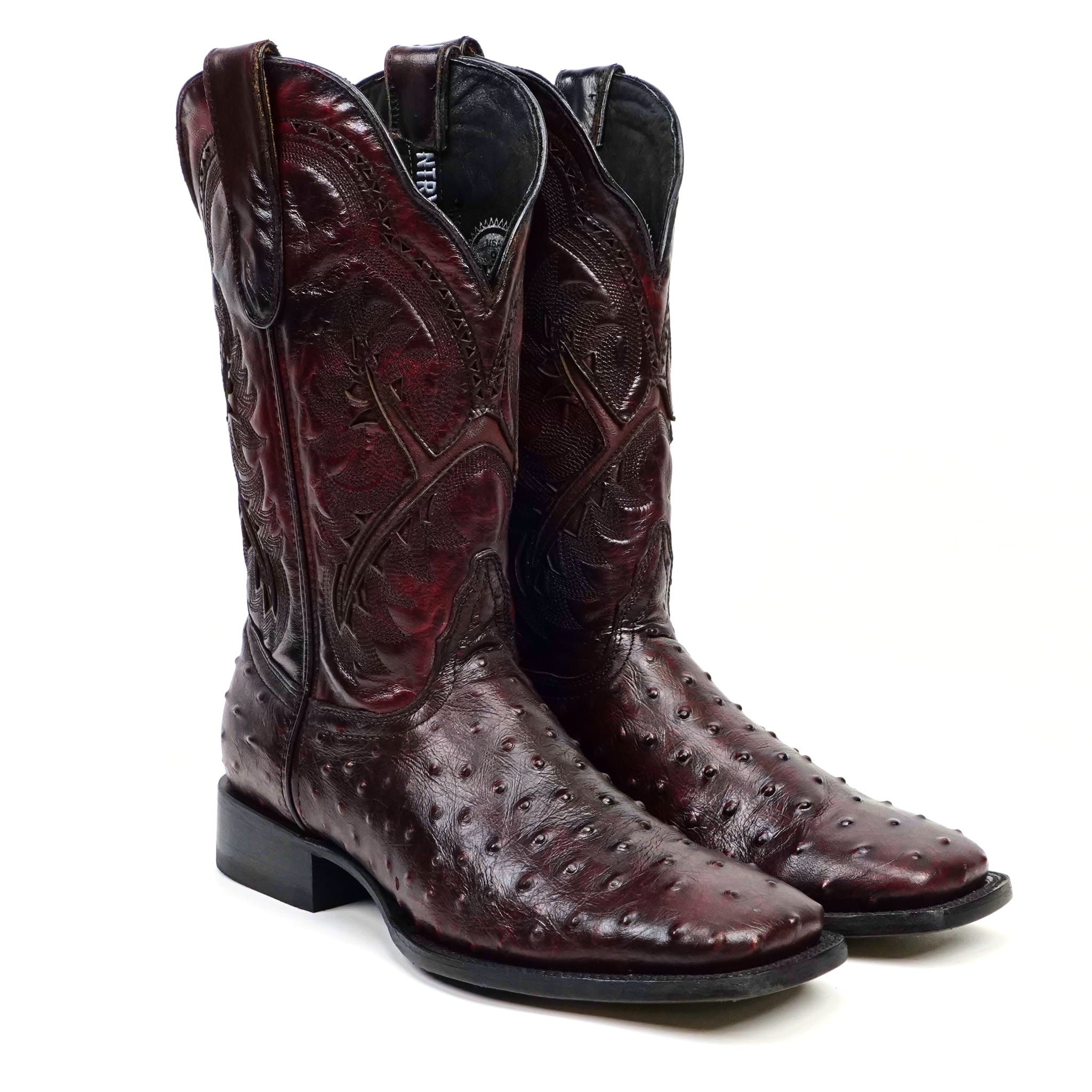 Texas Country Bota Res Hombre Ostrich Black Cherry Boots - Embossed Leather - Square Toe (E424)