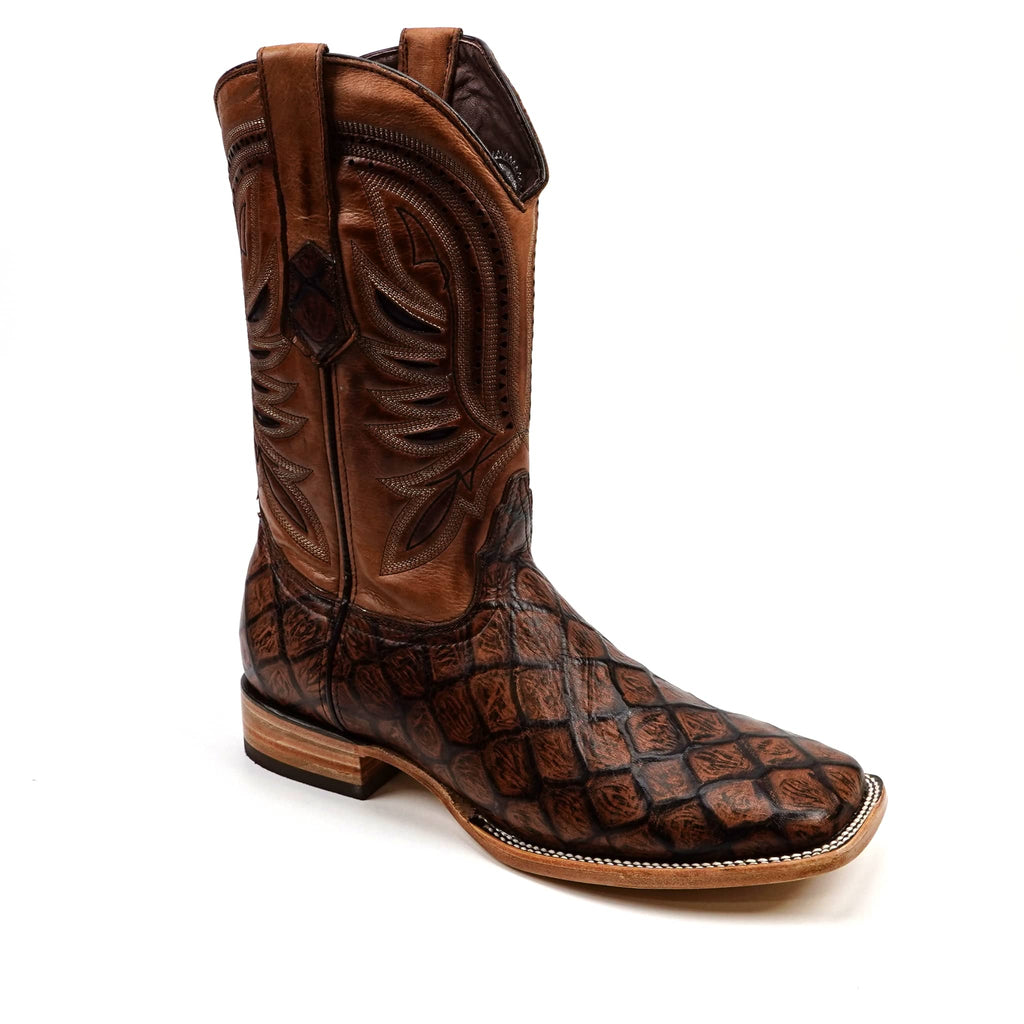 Texas Country Bota Res Hombre Pirarucu Chocolate Boots - Embossed Leather - Square Toe (E687)