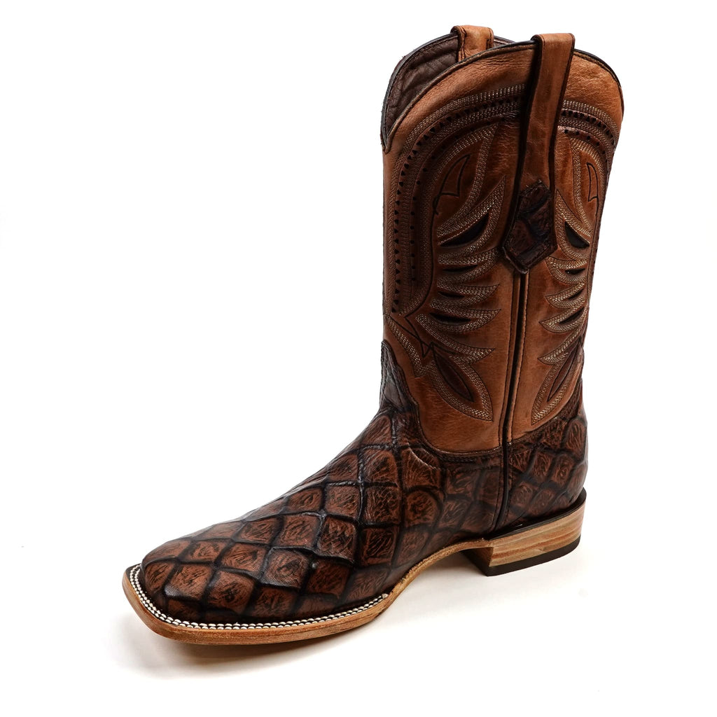 Texas Country Bota Res Hombre Pirarucu Chocolate Boots - Embossed Leather - Square Toe (E687)