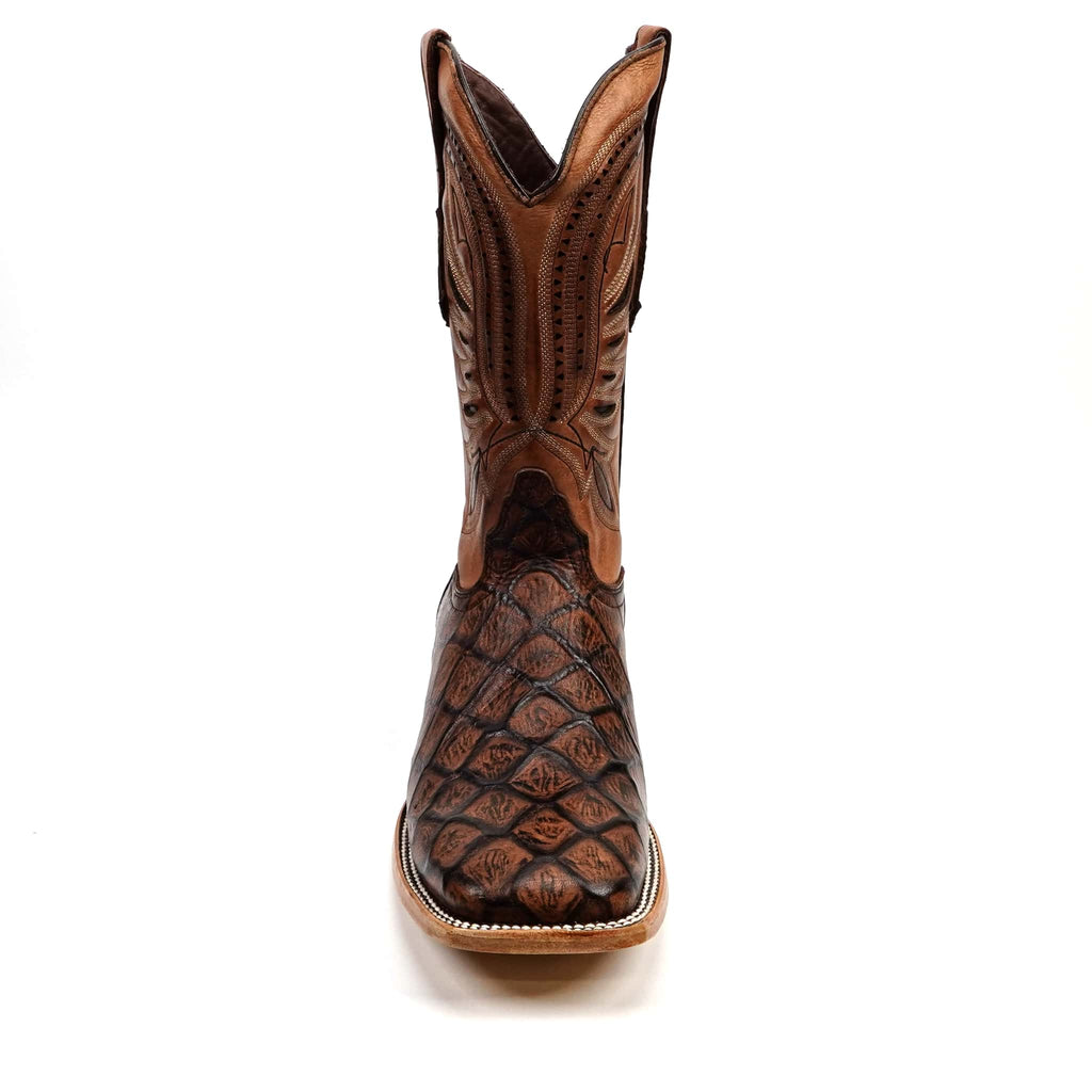 Texas Country Bota Res Hombre Pirarucu Chocolate Boots - Embossed Leather - Square Toe (E687)
