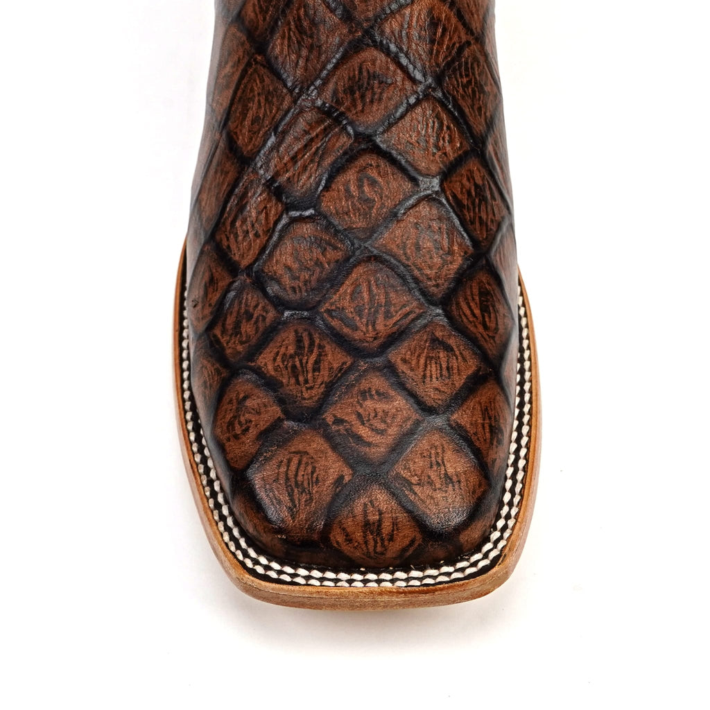 Texas Country Bota Res Hombre Pirarucu Chocolate Boots - Embossed Leather - Square Toe (E687)