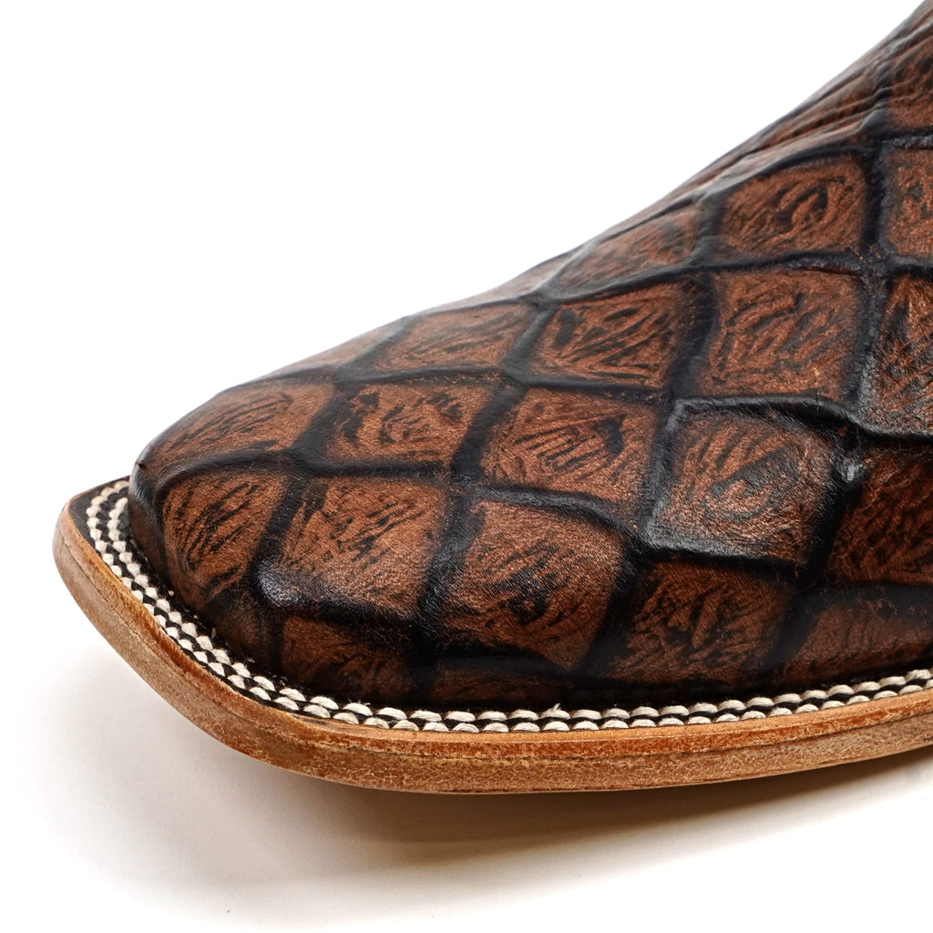 Texas Country Bota Res Hombre Pirarucu Chocolate Boots - Embossed Leather - Square Toe (E687)