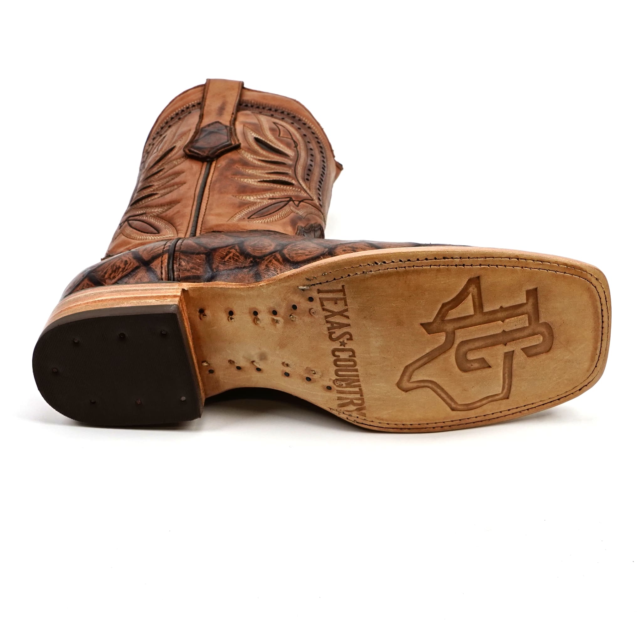 Texas Country Bota Res Hombre Pirarucu Chocolate Boots - Embossed Leather - Square Toe (E687)