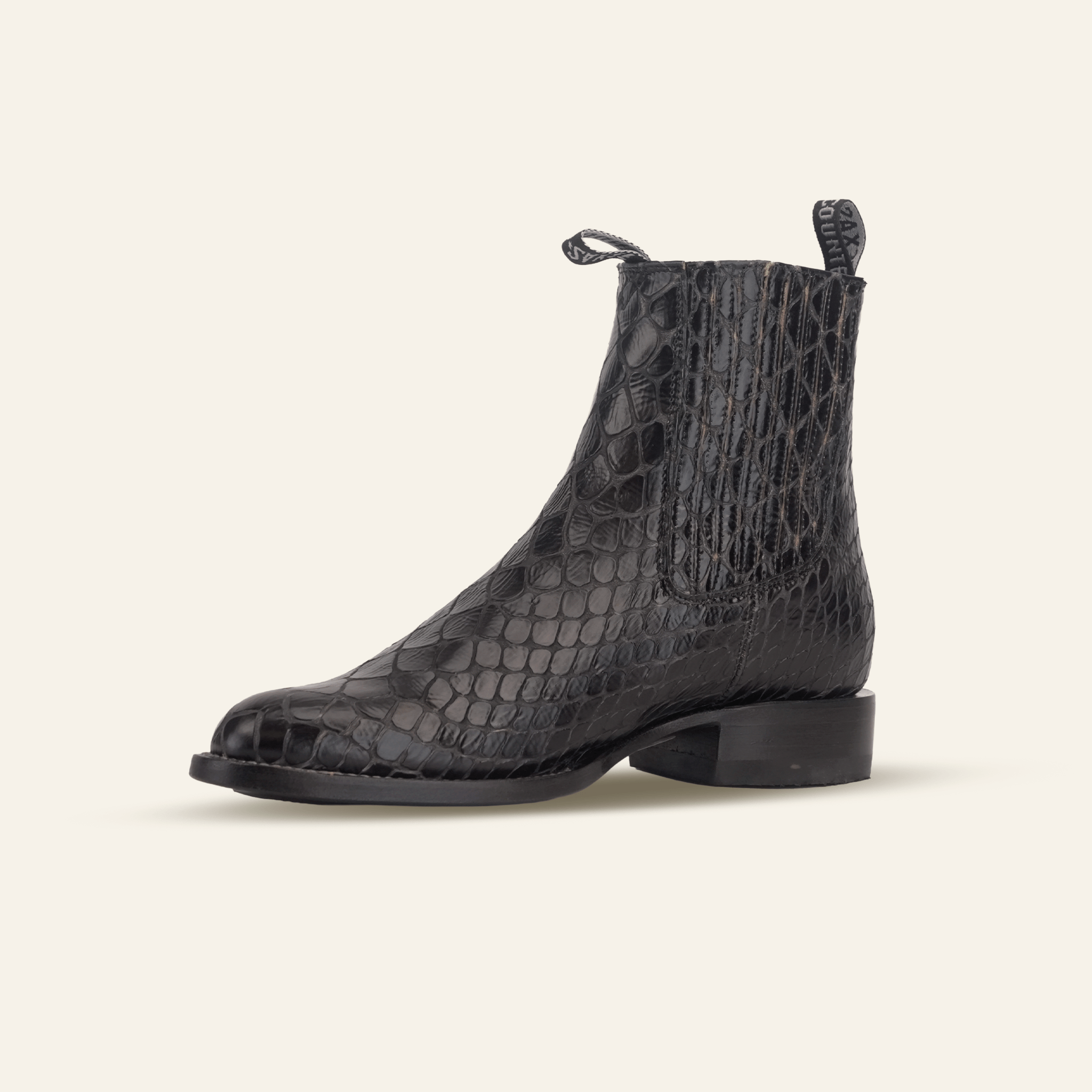 Texas Country Bota Res Hombre Snake Ankle Boots - Black Embossed Leather - Rodeo Toe (E955)