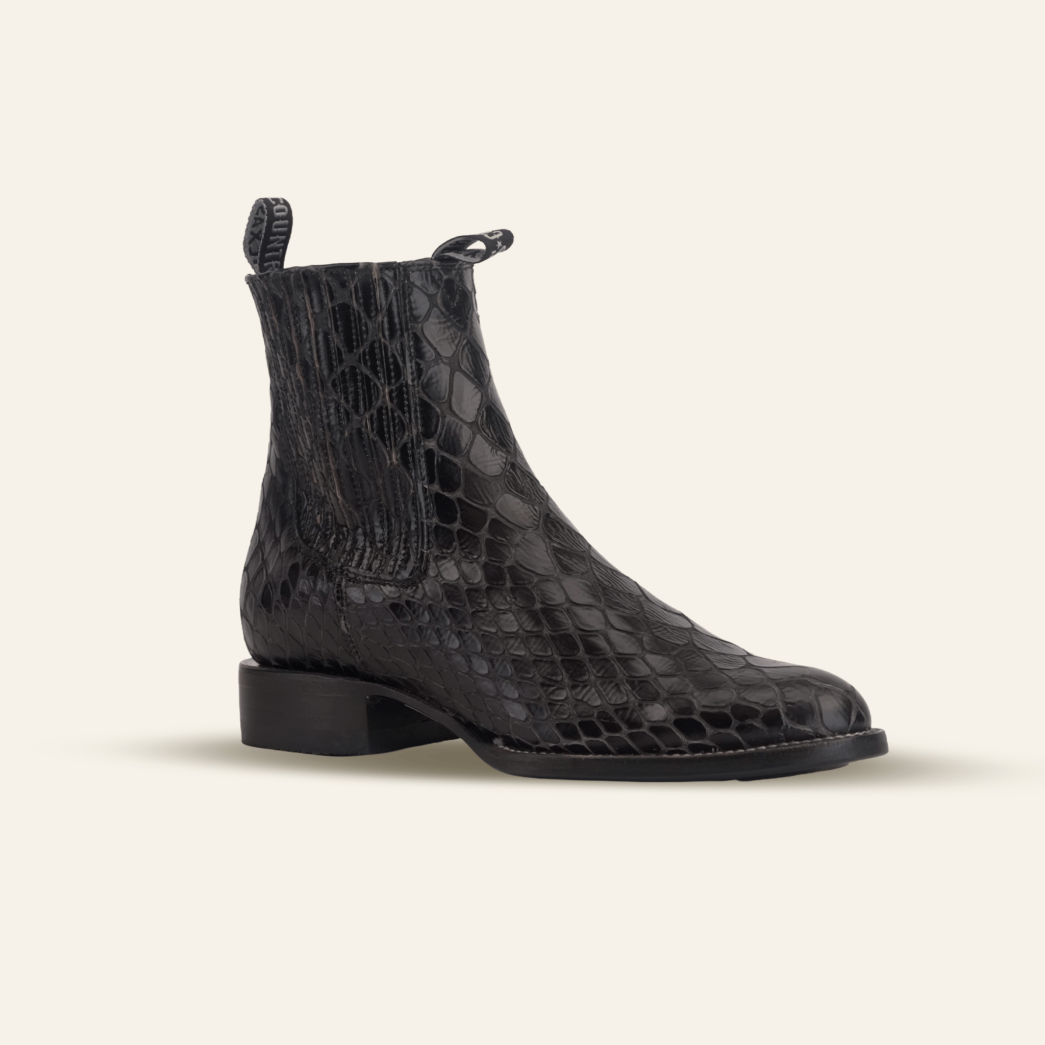 Texas Country Bota Res Hombre Snake Ankle Boots - Black Embossed Leather - Rodeo Toe (E955)