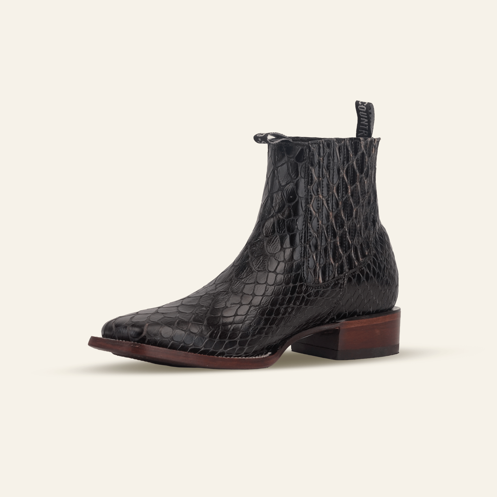 Texas Country Bota Res Hombre Snake Ankle Boots - Black Embossed Leather - Square Toe (E955)