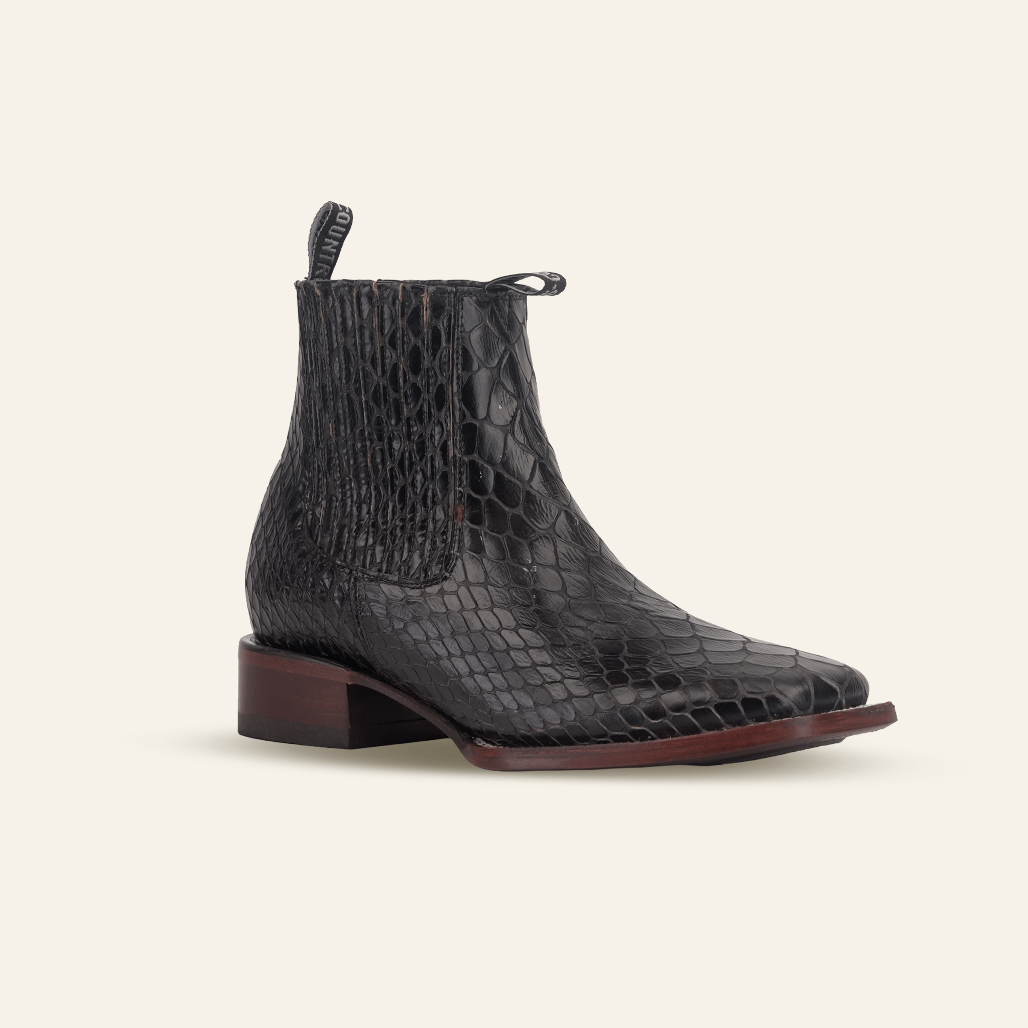 Texas Country Bota Res Hombre Snake Ankle Boots - Black Embossed Leather - Square Toe (E955)