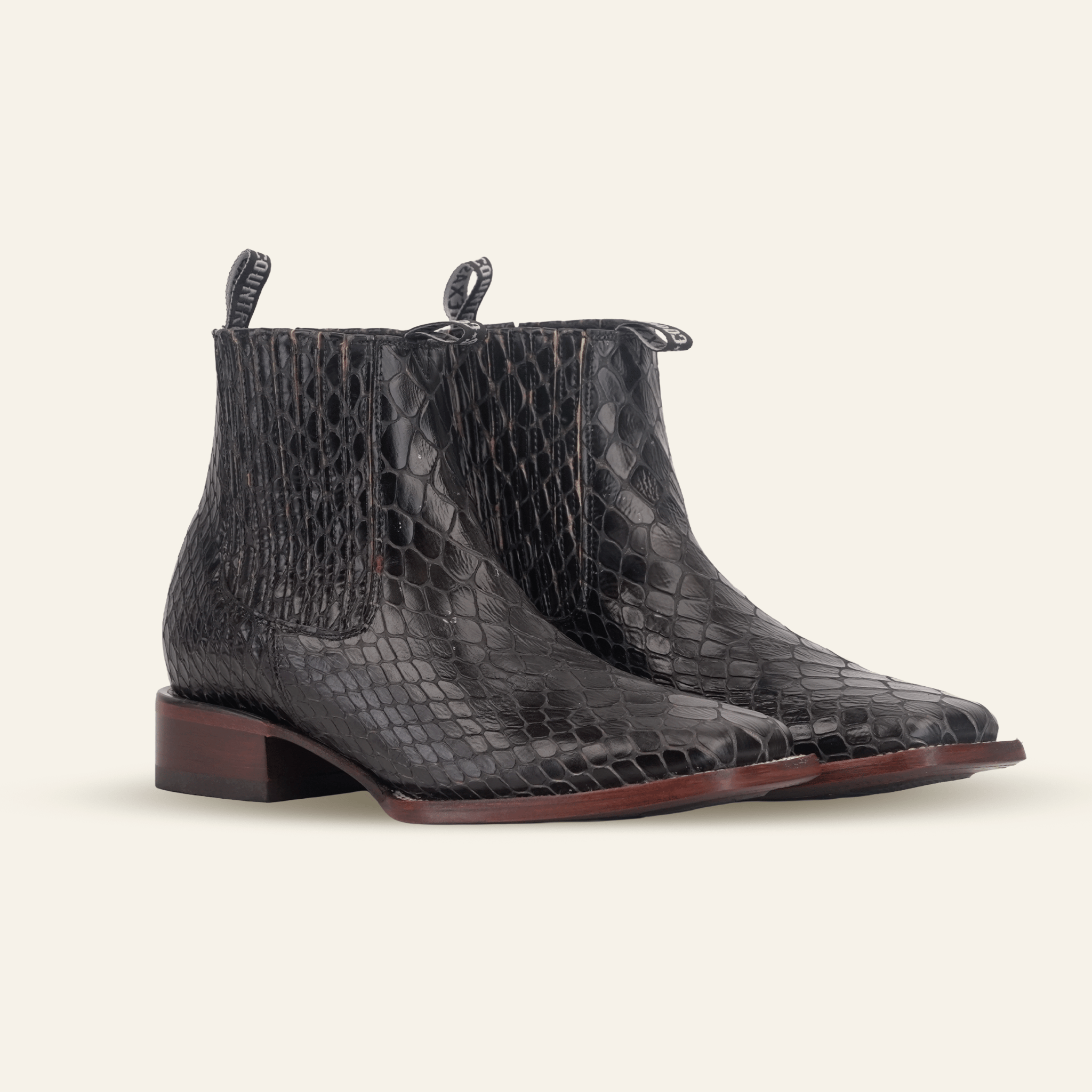 Texas Country Bota Res Hombre Snake Ankle Boots - Black Embossed Leather - Square Toe (E955)