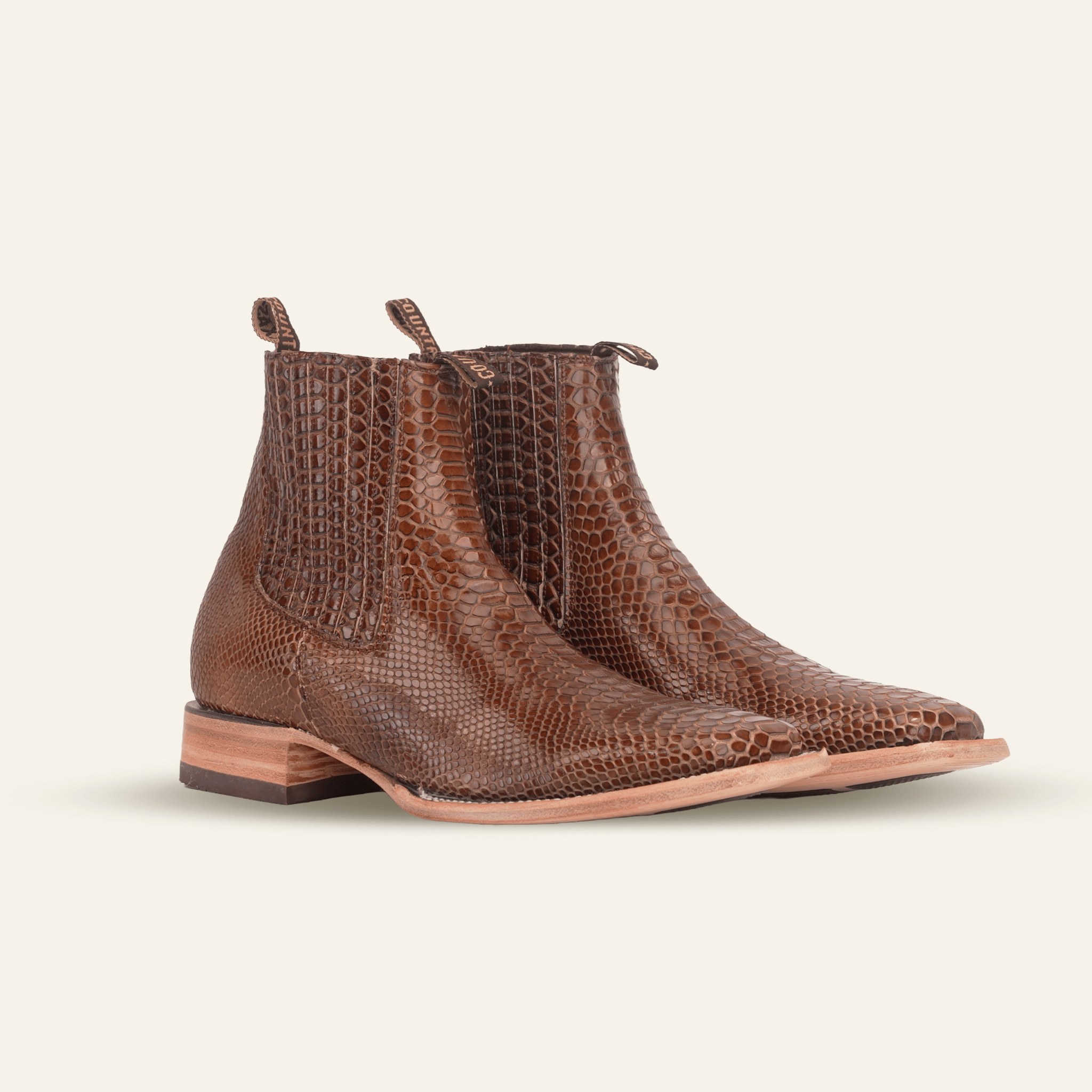 Texas Country Bota Res Hombre Snake Ankle Boots - Brown Embossed Leather - Square Toe (E946)