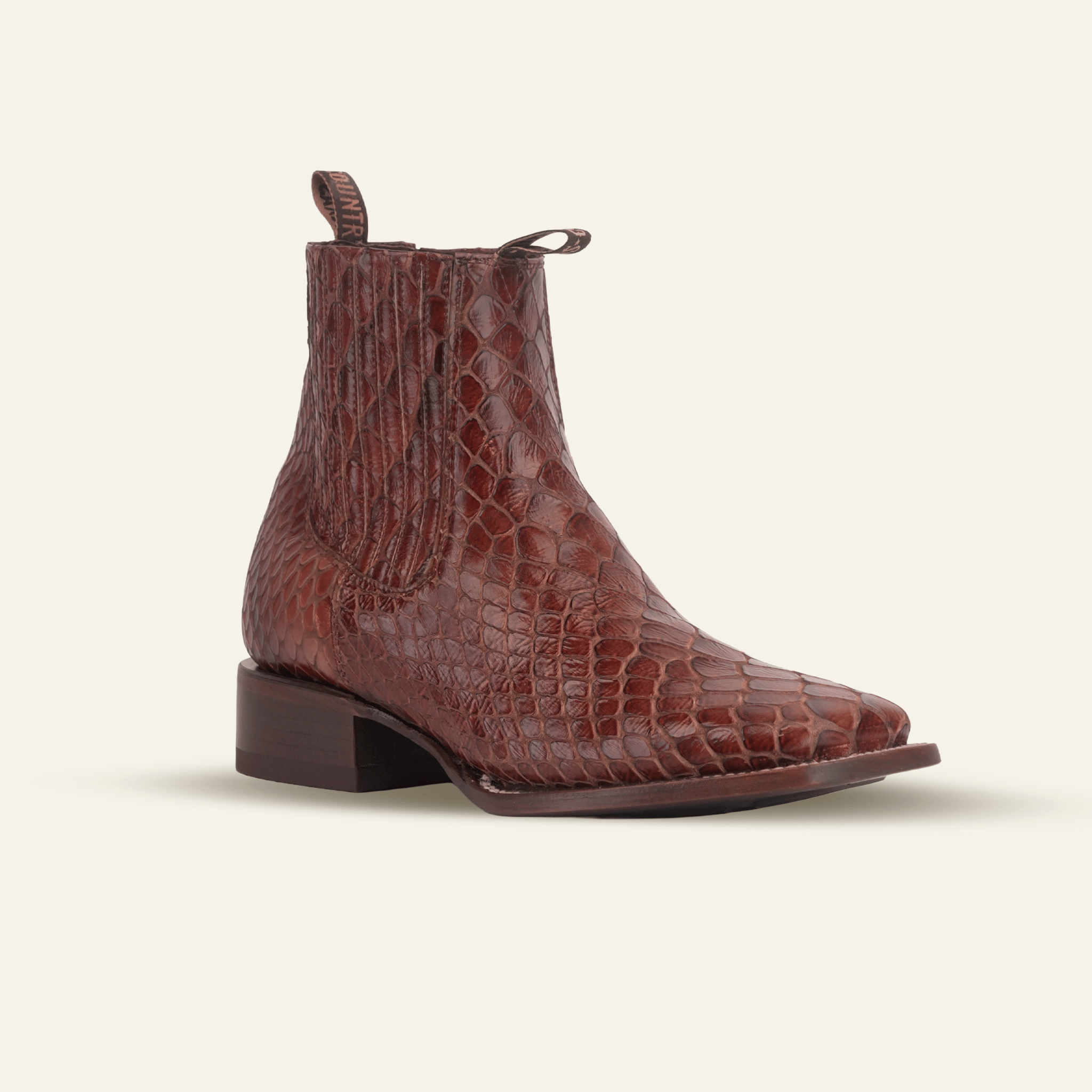 Texas Country Bota Res Hombre Snake Ankle Boots - Cognac Embossed Leather - Square Toe (E955)