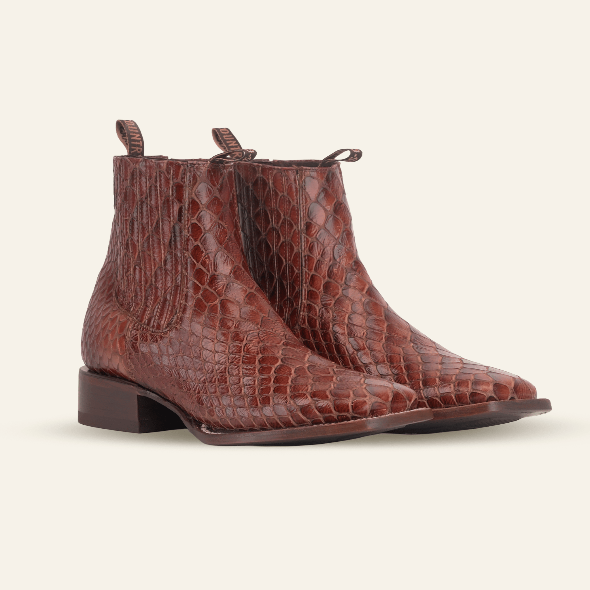 Texas Country Bota Res Hombre Snake Ankle Boots - Cognac Embossed Leather - Square Toe (E955)