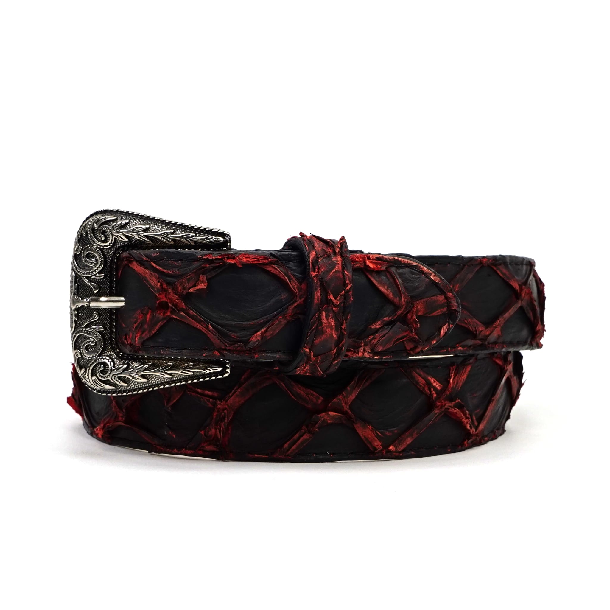 Texas Country Cinto Exotico TC Exotic Full Quilt Pirarucu Belt - Red/Black (C-028)